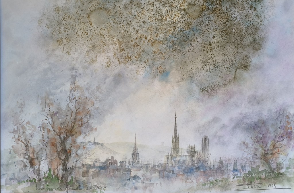 Aquarelle sur papier avant restauration - zones de moisissures après dégât des eaux