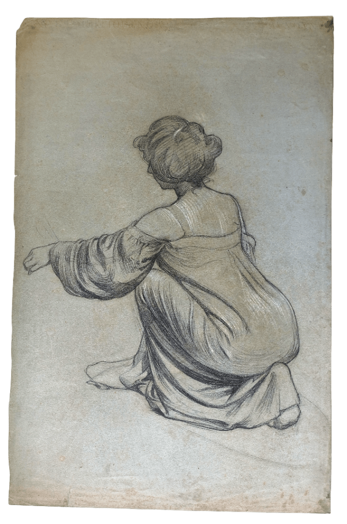 Dessin sur papier bleu après restauration - dépoussiérage et mise à plat - atelier Charlotte Garin Paris
