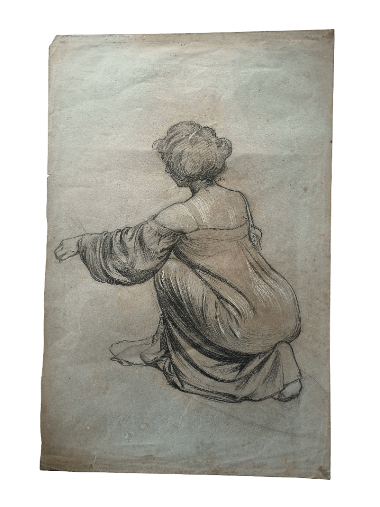 Dessin aux crayons noir et blanc sur papier bleu avant restauration - plis et empoussièrement