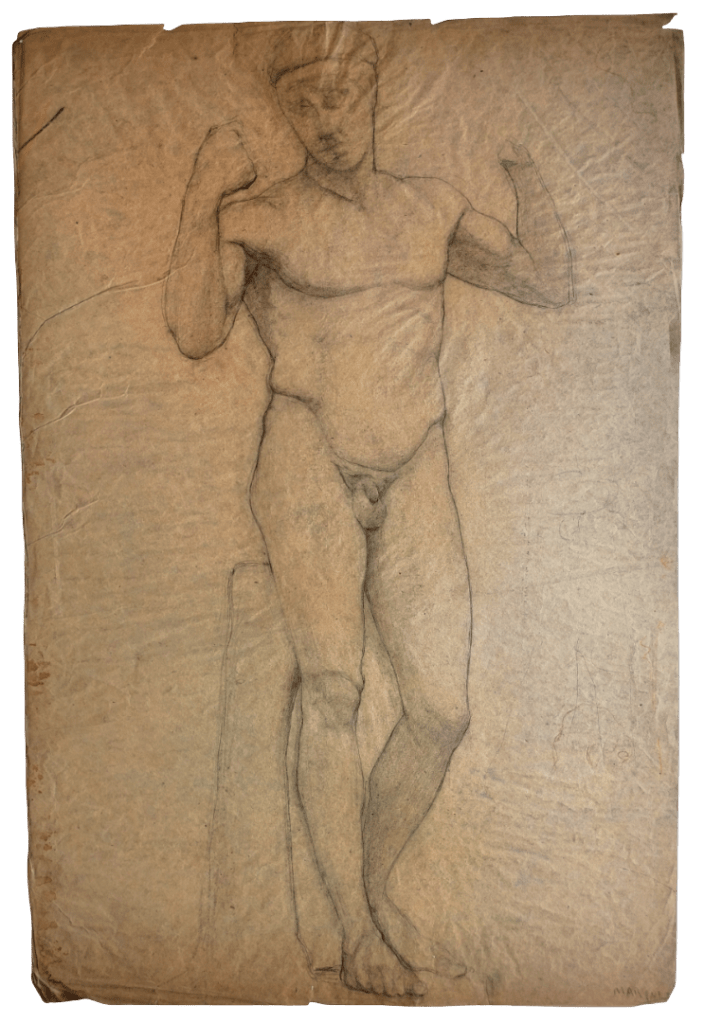 Dessin au crayon graphite sur papier avant restauration - plis, déformations et empoussièrement