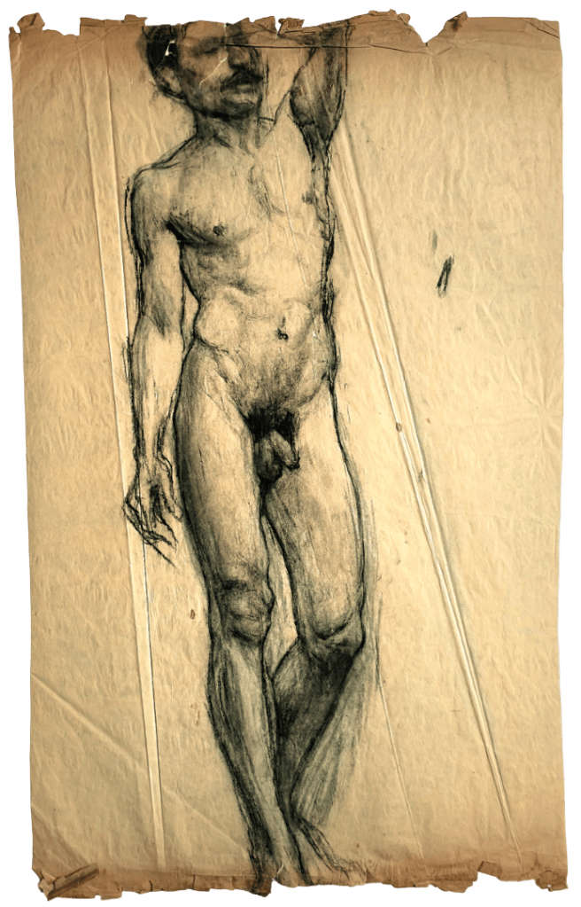 Dessin au fusain sur papier avant restauration - plis, déformations et lacunes visibles