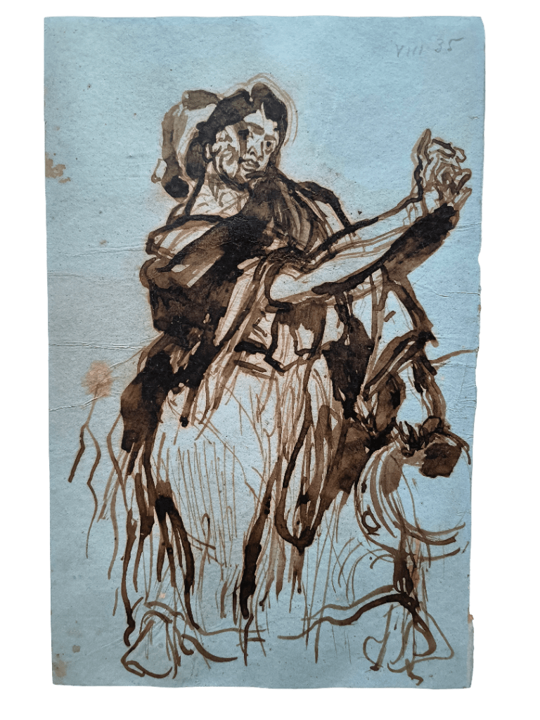 Dessin à l'encre sur papier après restauration - retouche des lacunes - atelier Charlotte Garin Paris