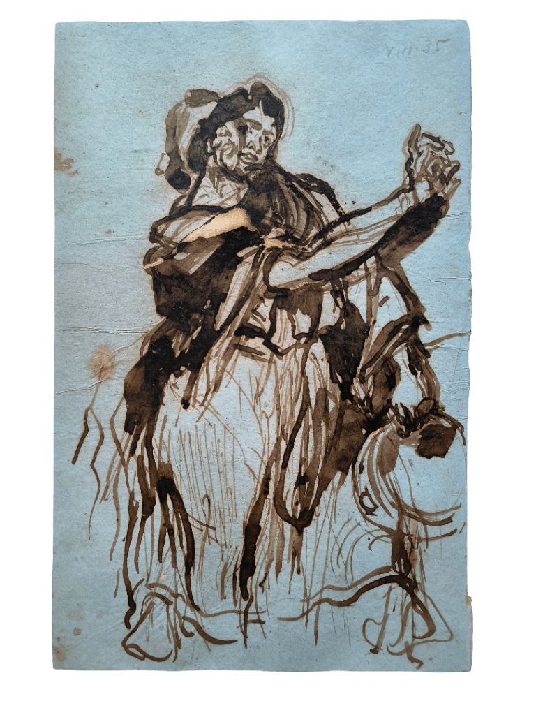 Dessin à l'encre sur papier avant restauration - lacunes visibles au niveau de l'épaule