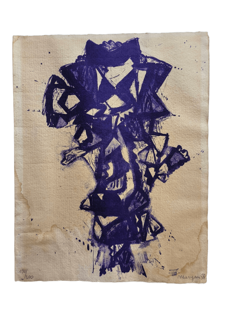 Lithographie Maryan encre violette avant restauration - jaunissement et auréoles après dégât des eaux