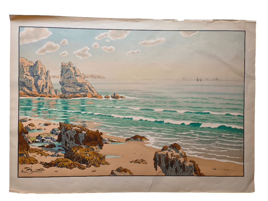 Lithographie Henri Rivière La Plage avant restauration - déchirures et bords fragilisés