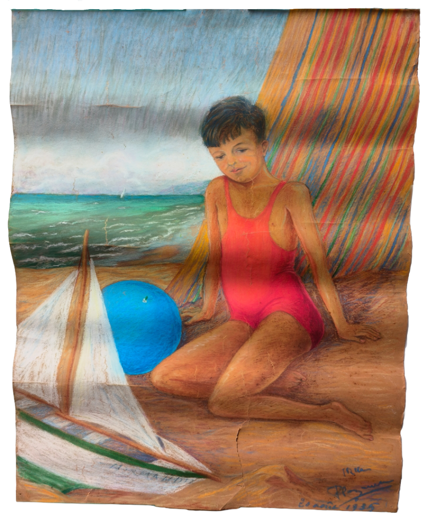 Pastel sur papier avant restauration - plis marqués et déchirures sur papier roulé
